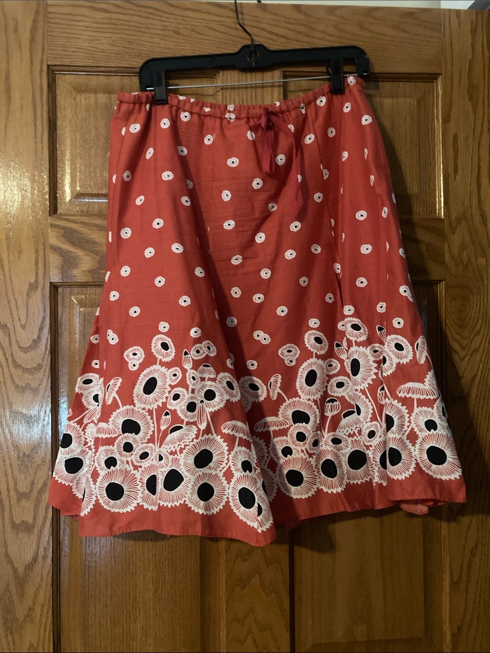 Rust Floral Border Midi Skirt with White and Black Embroidery